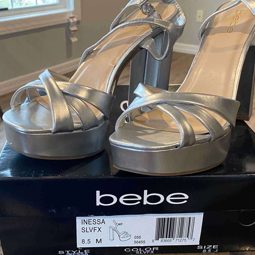 Bebe Metallic Silver Strappy Platform Heels